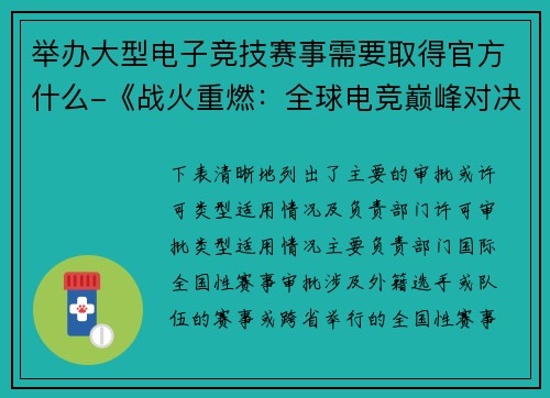 举办大型电子竞技赛事需要取得官方什么-《战火重燃：全球电竞巅峰对决启幕》
